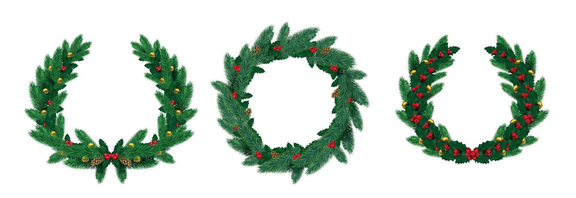 realista alegre Navidad natural coronas con pino sucursales. verde abeto guirnalda decorado con acebo hojas, rojo baya y pelotas vector conjunto