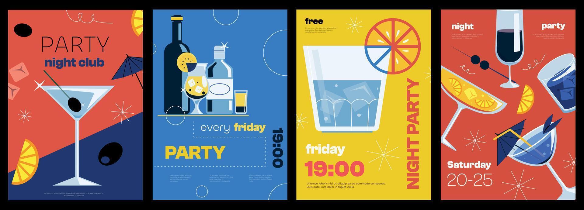 Cocktail party poster. Minimalist promotion cover with alcohol cocktail drinks, bar menu and garnish elements. Vector modern cover