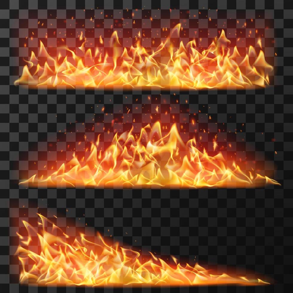 Realistic long fire. Horizontal bright flames and flare sparks for burning effect. Bonfire blaze elements for banners, isolated vector set