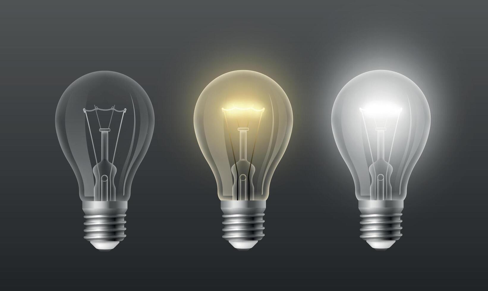 On off light bulb. Realistic retro incandescent lamp glowing withe and yellow light on transparent background. Vector idea and knowledge concept
