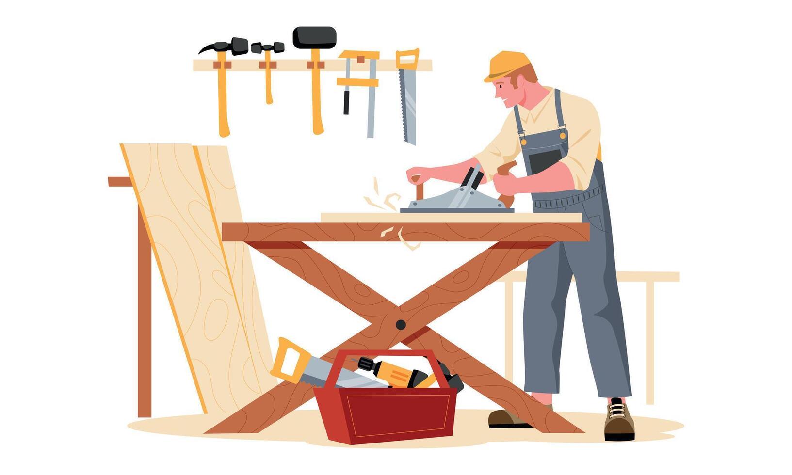 Carpentry workshop. Cartoon carpenter character sawing wood board making wooden furniture, craftsman timber with tools woodworking in studio. Vector illustration