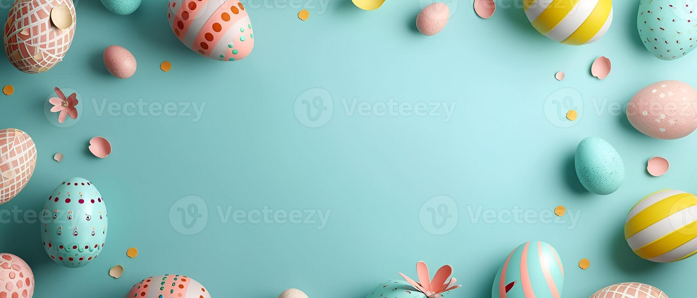 AI Generated Colorful Easter chocolate eggs with paper cut cherry blossom flowers flat lay on blue background. Trendy Easter Eggs banner. Springtime festive holiday banner for ad with copy space for photo