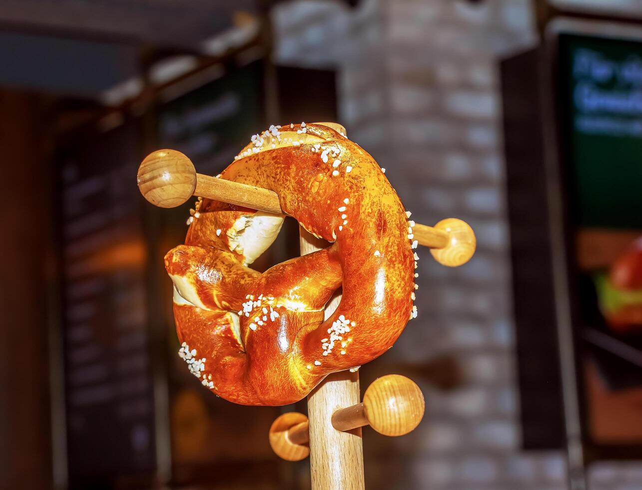 Close-up of salted pretzels in traditional German and Austrian style in a cafe. photo