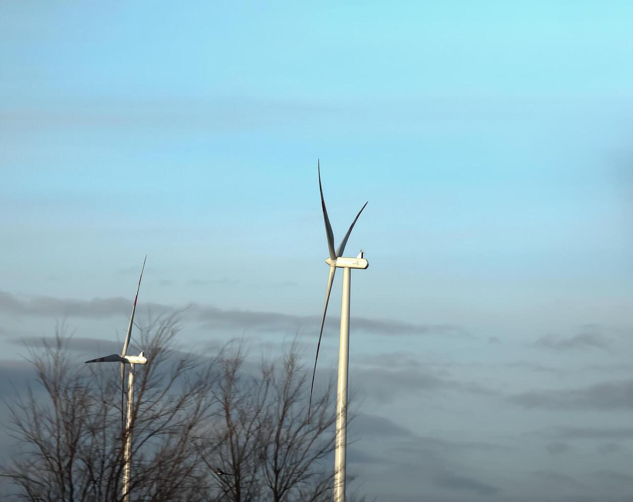 Wind farm park next to a road in Austria in sunny weather. photo
