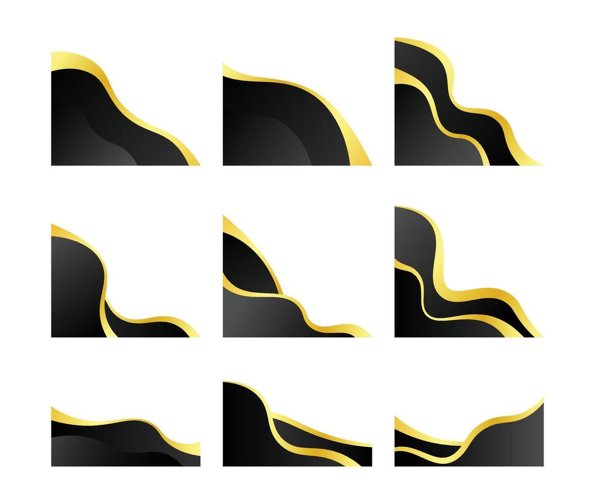 Luxury Wave Corner Element, Golden Wavy Decoration Shape, Vector Illustration Set