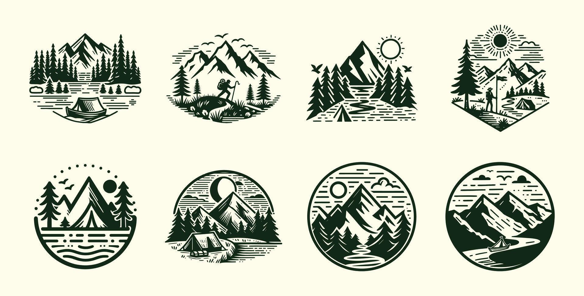 ai generado montaña aventuras al aire libre logo vector colocar, retro estilo. logo de explorador, aventura, senderismo, cámping, salvaje vida. vector ilustración conjunto