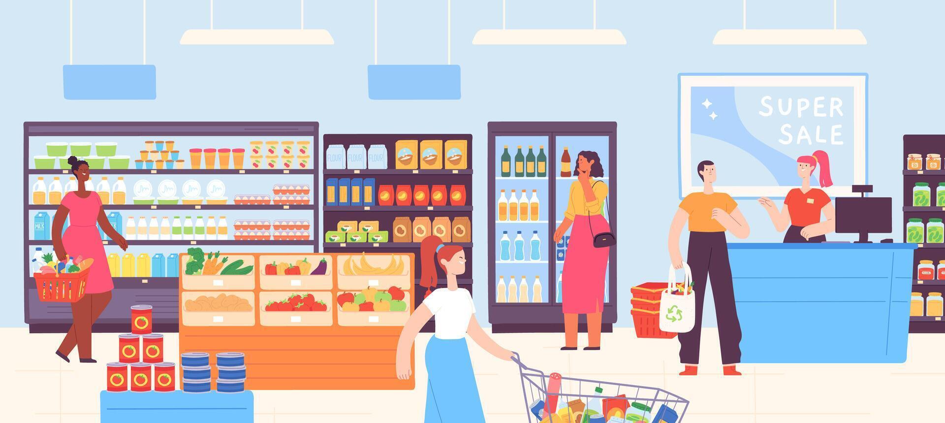 People in supermarket. Grocery shop interior with cashier and customers with carts and basket buying food. Cartoon mall store vector concept