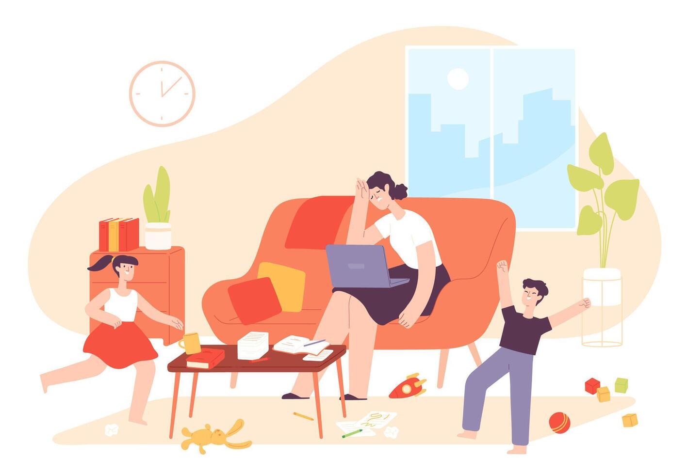 Mother work from home. Hyperactive kids and tired mom with laptop in messy room. Freelance woman with children. Parent stress vector concept