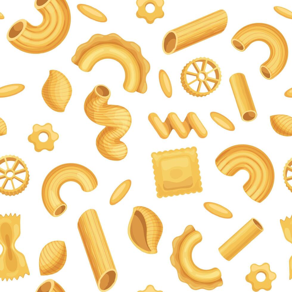 Cartoon italian pasta, dough food seamless pattern. Macaroni, penne, fusilli and spiral shapes. Cuisine cooking wallpaper vector background