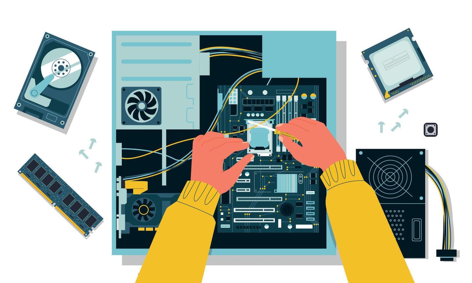 PC assembly. Personal computer components service and maintenance, gaming PC upgrade with SSD, CPU and GPU. Vector concept