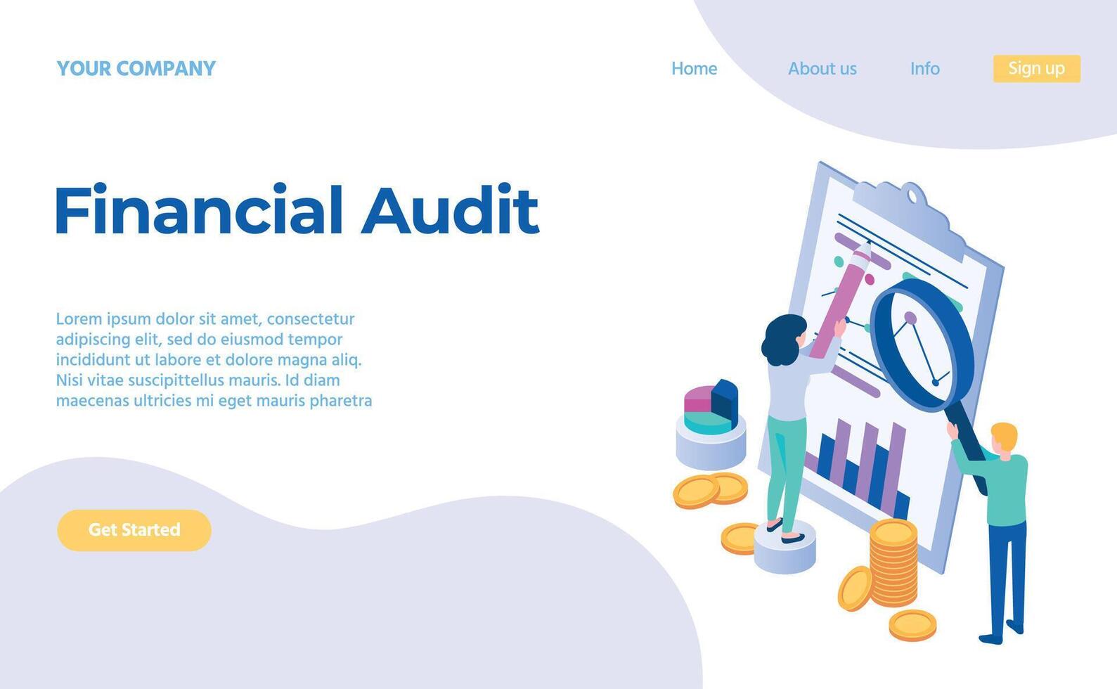 Financial audit service concept analysing chart landing page vector