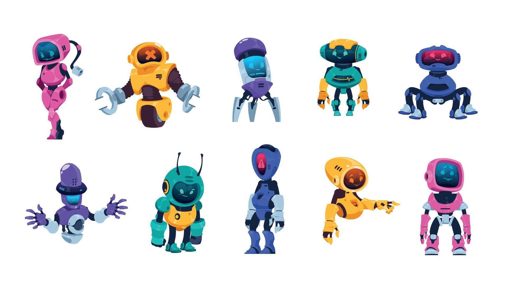 Cute robot. Cartoon artificial intelligence bot mascot, funny robot characters wit arms legs and electronic heads. Vector science and technology person