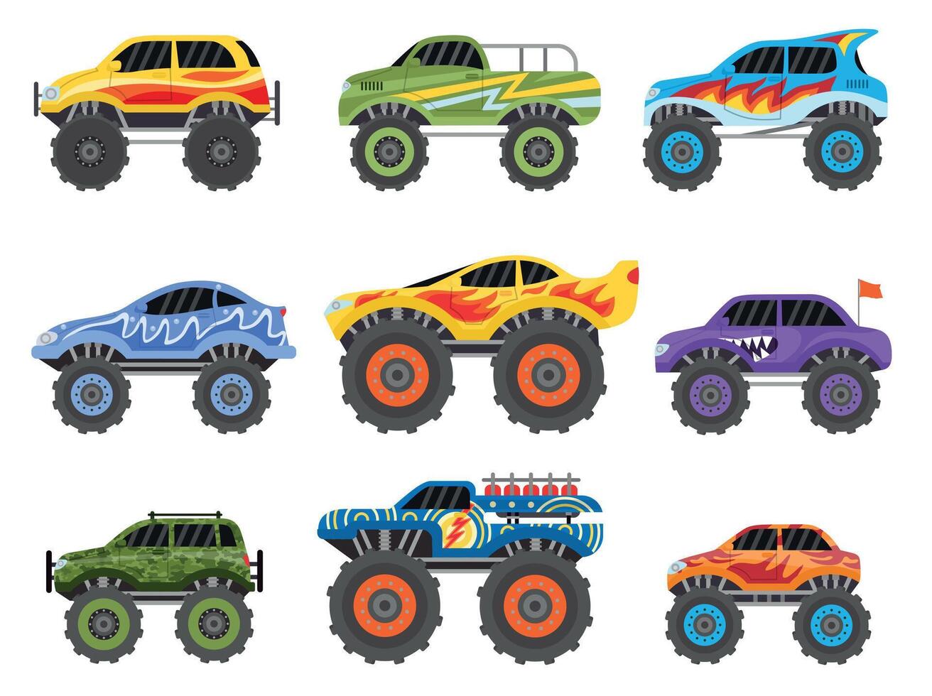 Cartoon monster trucks, extreme offroad race cars. Monstertruck vehicle with flames. Flat children toy truck with big wheel tires vector set