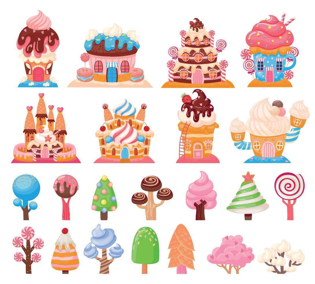 Candy land chocolate biscuit houses and caramel trees. Fantasy city with cake castles. Sweet game lollipops and cupcakes elements vector set