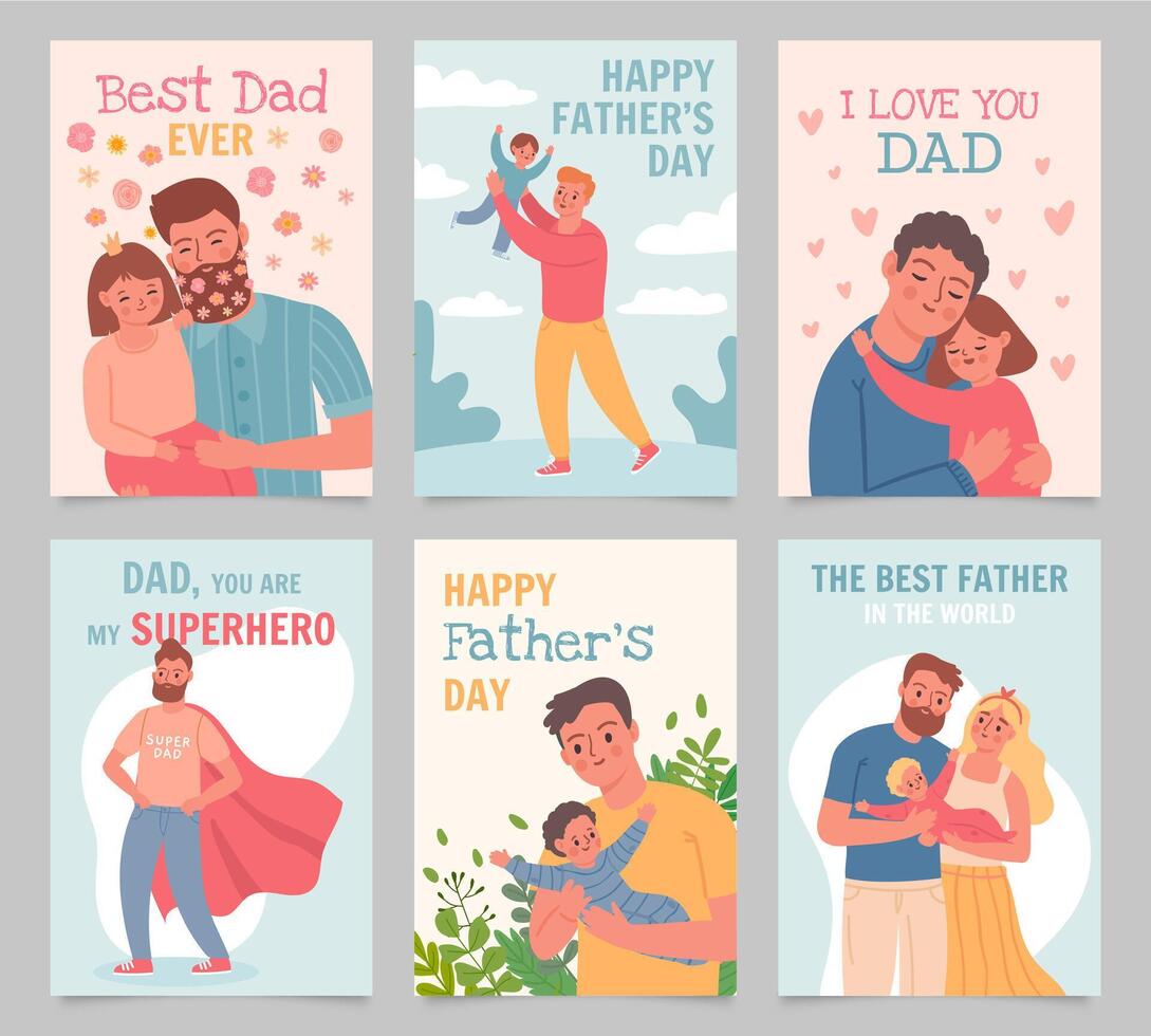 contento padre día. regalo tarjetas con padres y niños. hombre abrazo hija, jugar con hijo y bebé. superhéroe papá, mejor padre póster vector conjunto