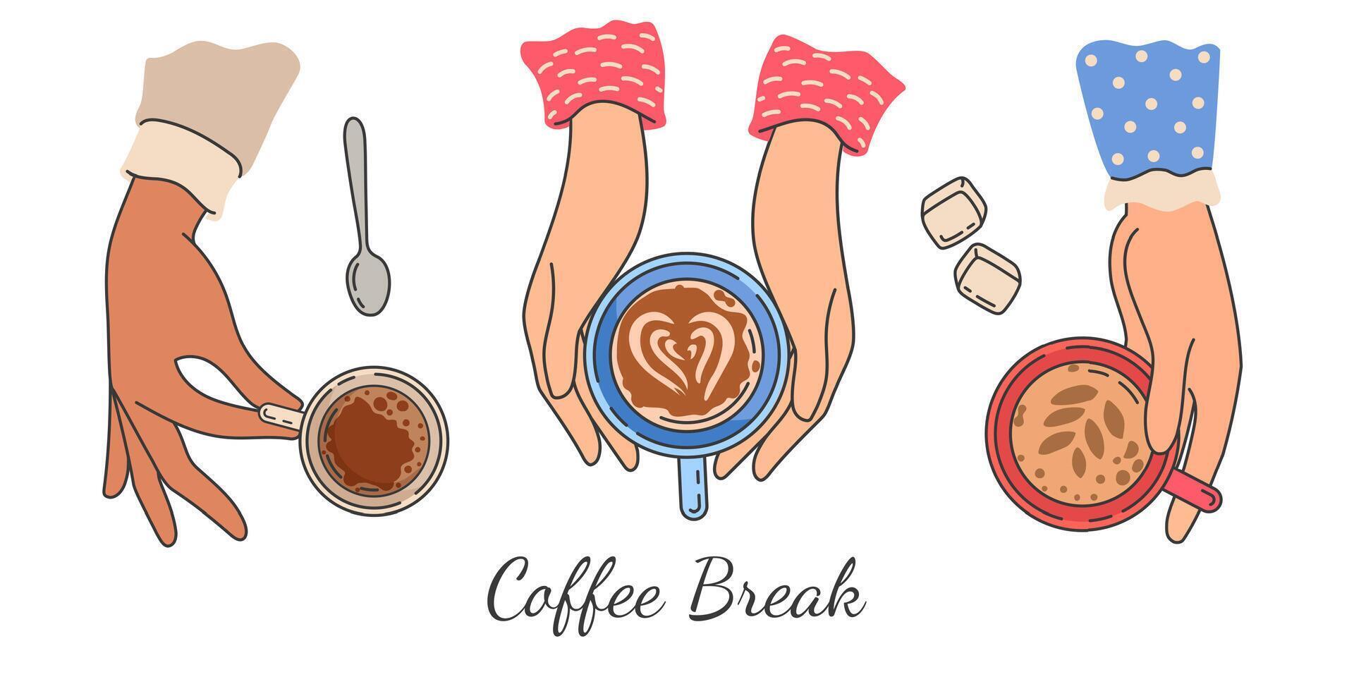 Hands holding coffee cups. Top view of female hand holds mug with hot morning drink, latte and espresso. Women friends meeting vector poster