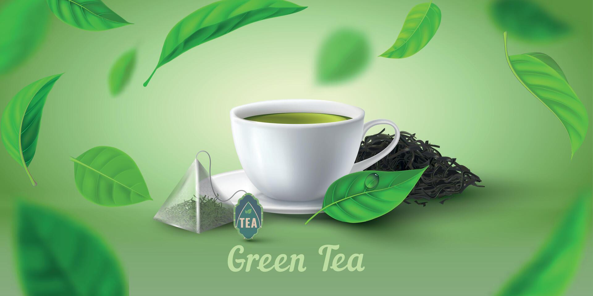 publicidad póster con realista verde té taza, bolso y hojas. Mañana caliente herbario bebida para desayuno. natural té vector antecedentes