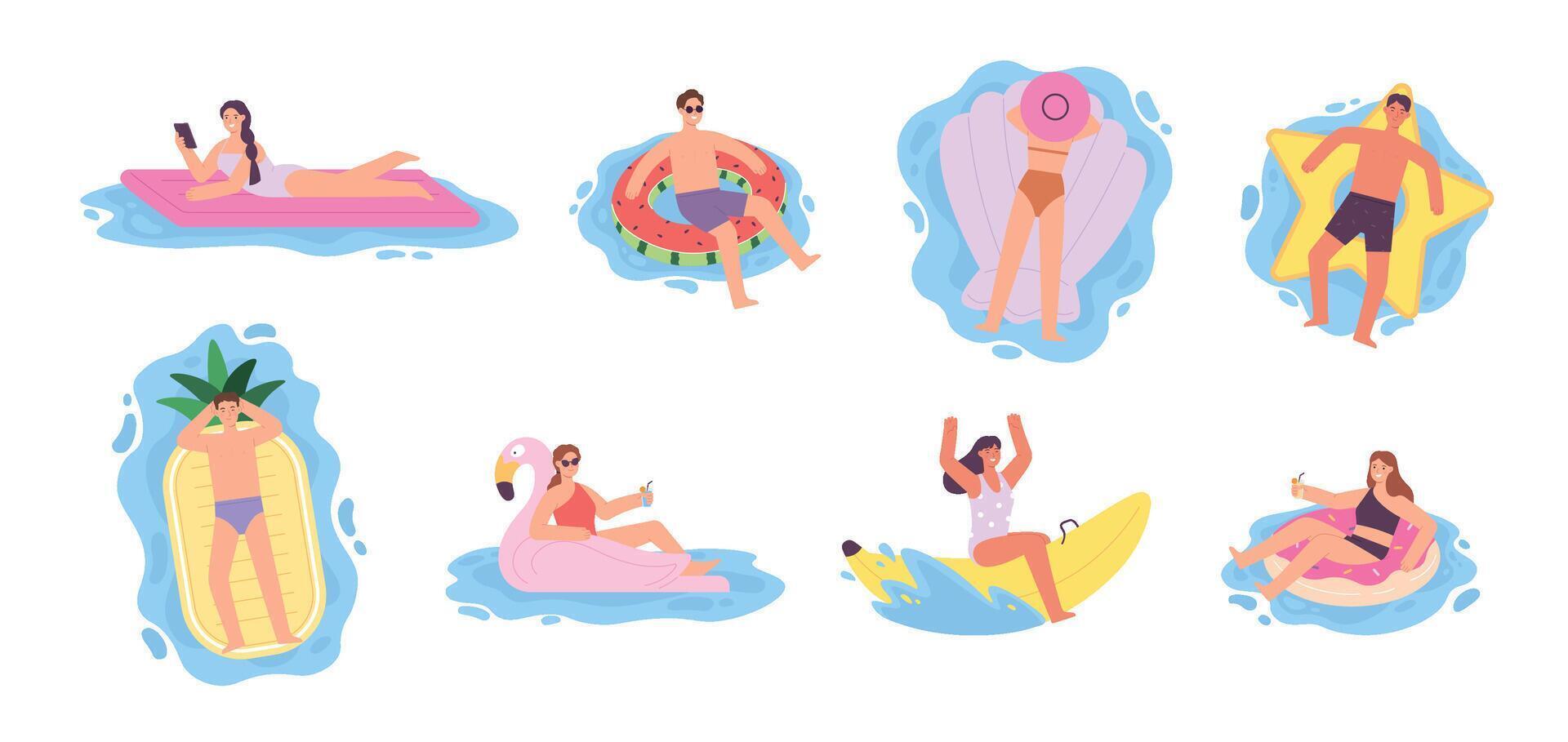 Flat people on inflatable air mattresses and swimming rings. Women floating and sunbathing on flamingo and doughnut rubber ring vector set