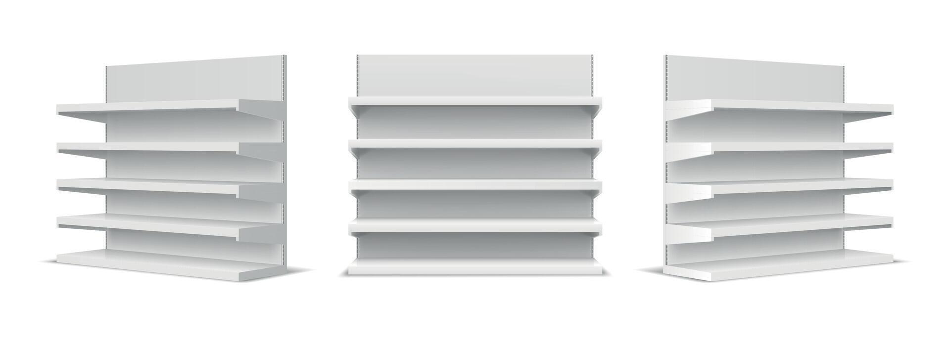 White empty store shelf rack mockup front and perspective view. Realistic supermarket stand, bookcase, shop product exhibition vector set