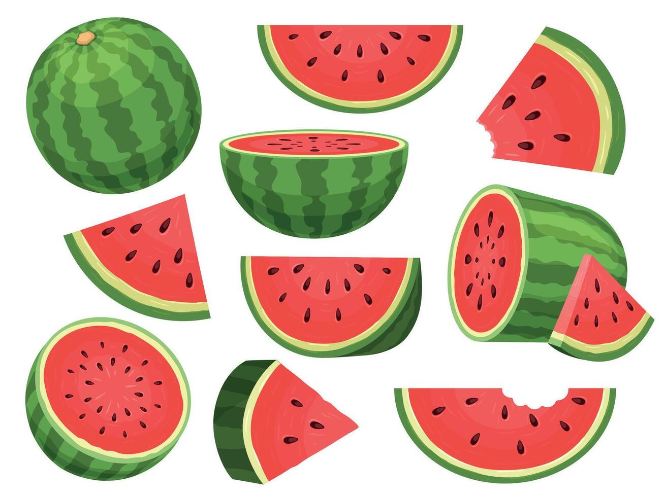 Cartoon fresh green open watermelon half, slices and triangles. Red watermelon piece with bite. Sliced cocktail water melon fruit vector set