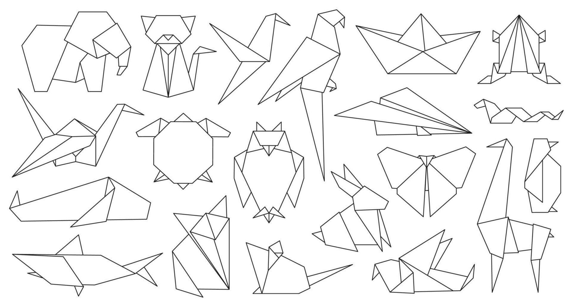 Origami line animals. Paper geometric graphic logo and icon bird, fox, crane, mouse, shark and elephant. Outline abstract animal vector set