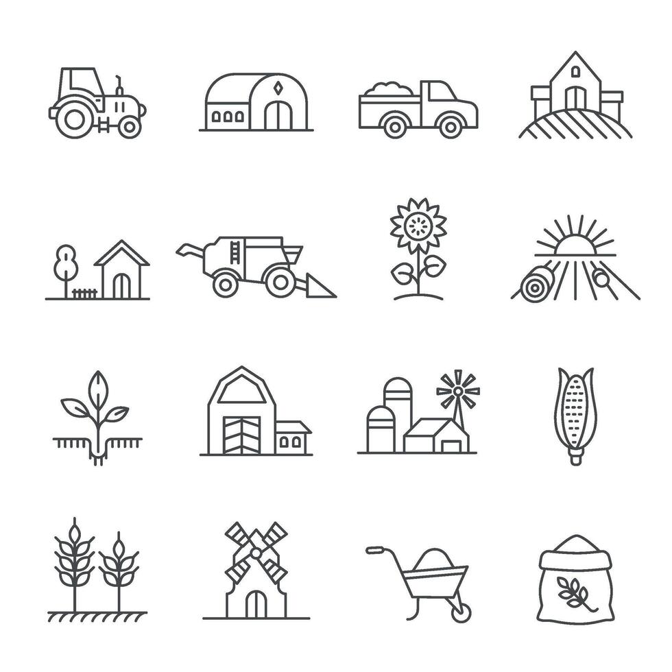 agricultura línea íconos con tractor, granja casa, coche y campo. campo edificio, maquinaria y orgánico producto. agricultura icono vector conjunto