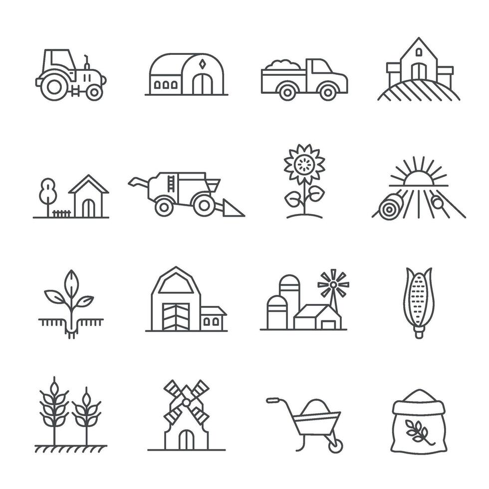 Agriculture line icons with tractor, farm house, car and field. Countryside building, machinery and organic product. Farming icon vector set