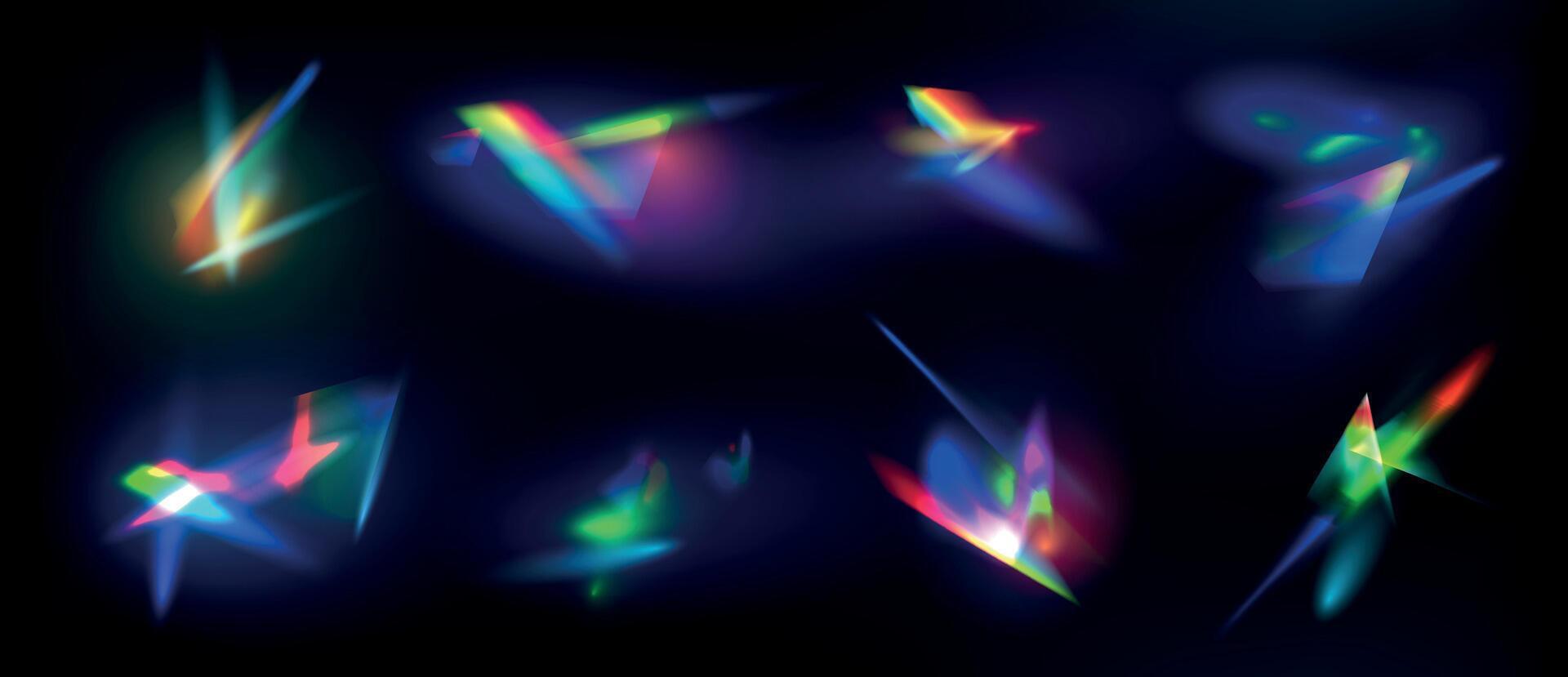 Realistic diamond reflection, rainbow light optical effect. Crystal, jewelry, prism or lens flare. Iridescent glowing sparkles vector set