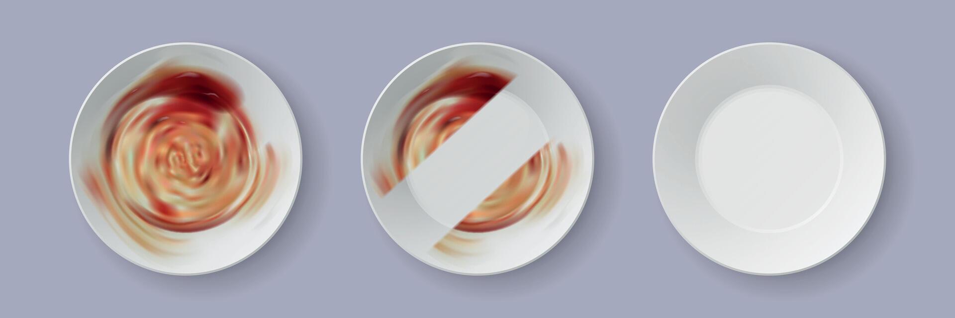 Realistic dirty dish. Process of cleaning dinner plate with dishwashing soap. 3d dishes with food leftovers and clean stripe vector template