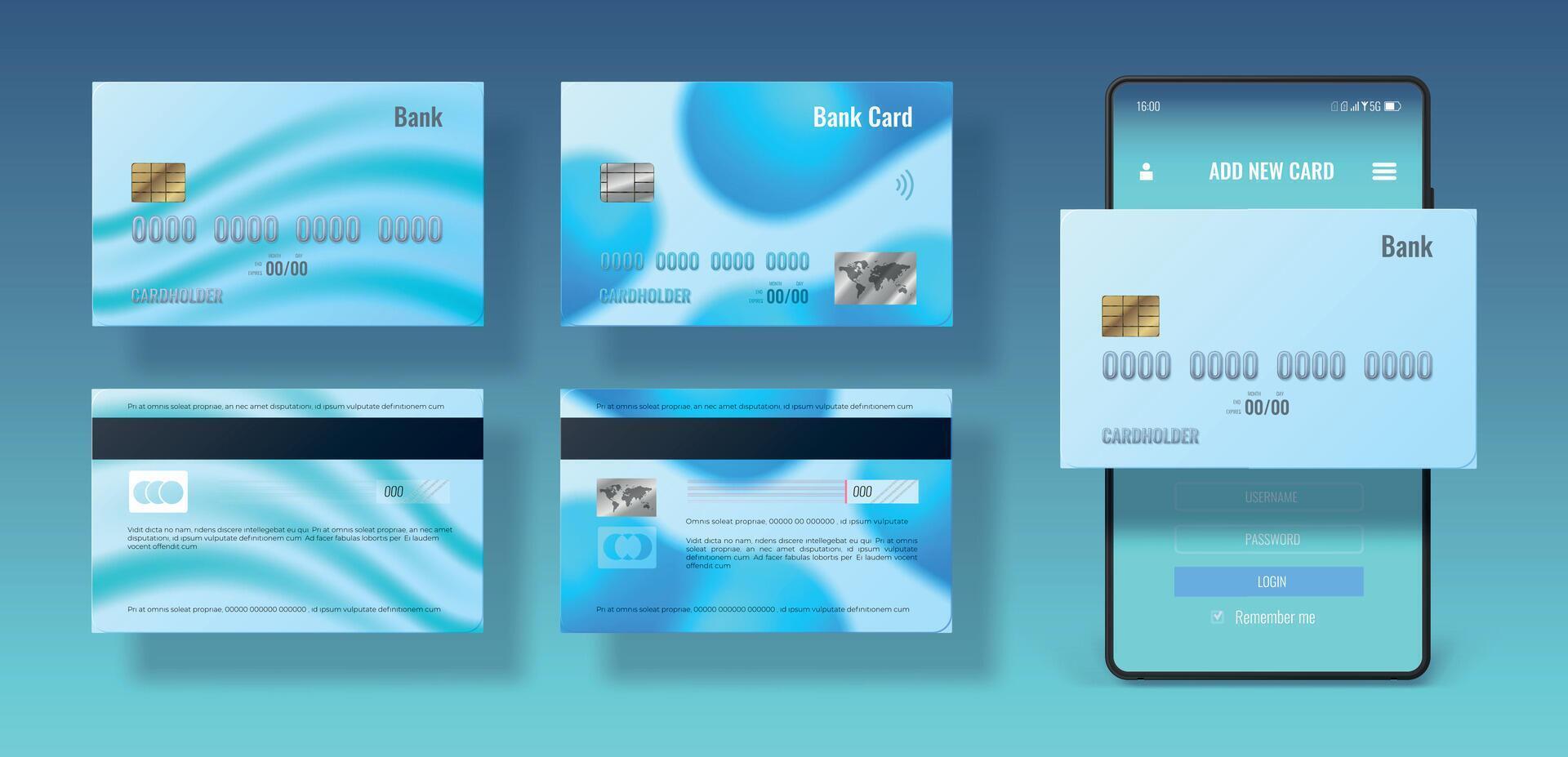 3d credit card front and back side design, phone pay. Mobile bank app, cashless payment technology. Realistic money cards mockup vector set