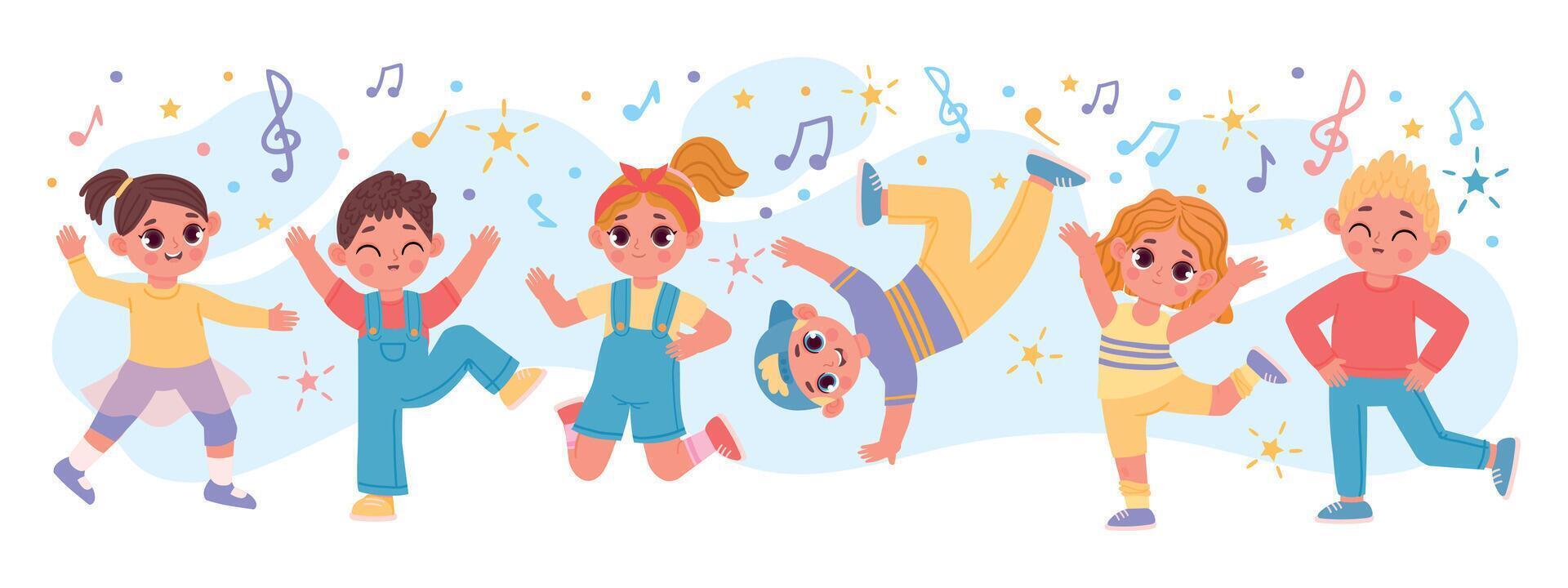 Happy cartoon children group dancing and jumping together. Fun active kid friends play. Kindergarten characters at dance party vector banner