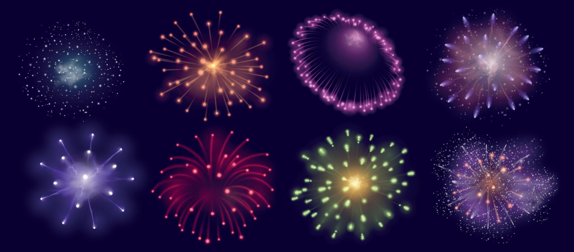 realista fuegos artificiales Estallar efecto para festivo, celebracion o fiesta. petardo explosión para diwali carnaval. noche cielo Fuegos artificiales vector conjunto