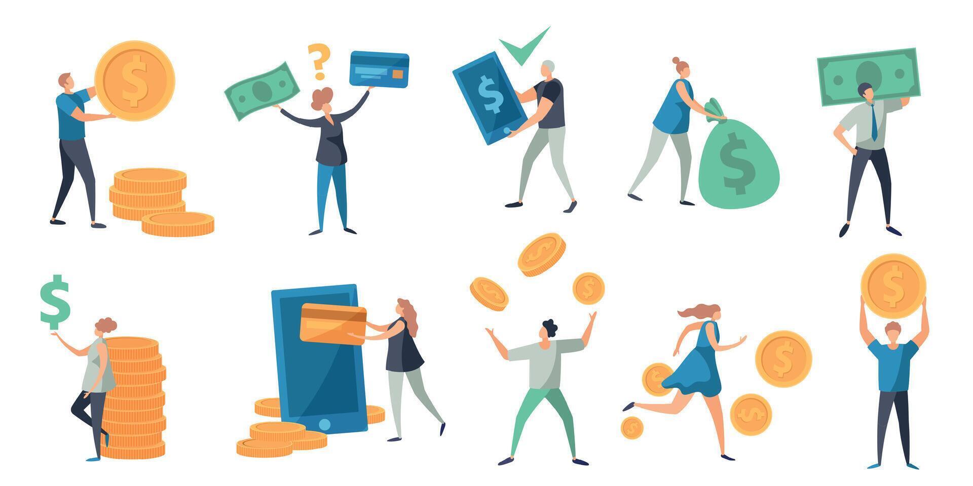 Flat tiny characters paying with money, card and phone. People holding cash, bill and coins. Refund, exchange and payment vector concept set