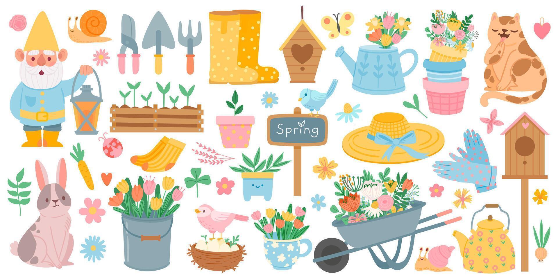 Spring elements. Blooming flower, cute animals and birds. Springtime garden decoration, birdhouse, tool and plants, drawn cartoon vector set