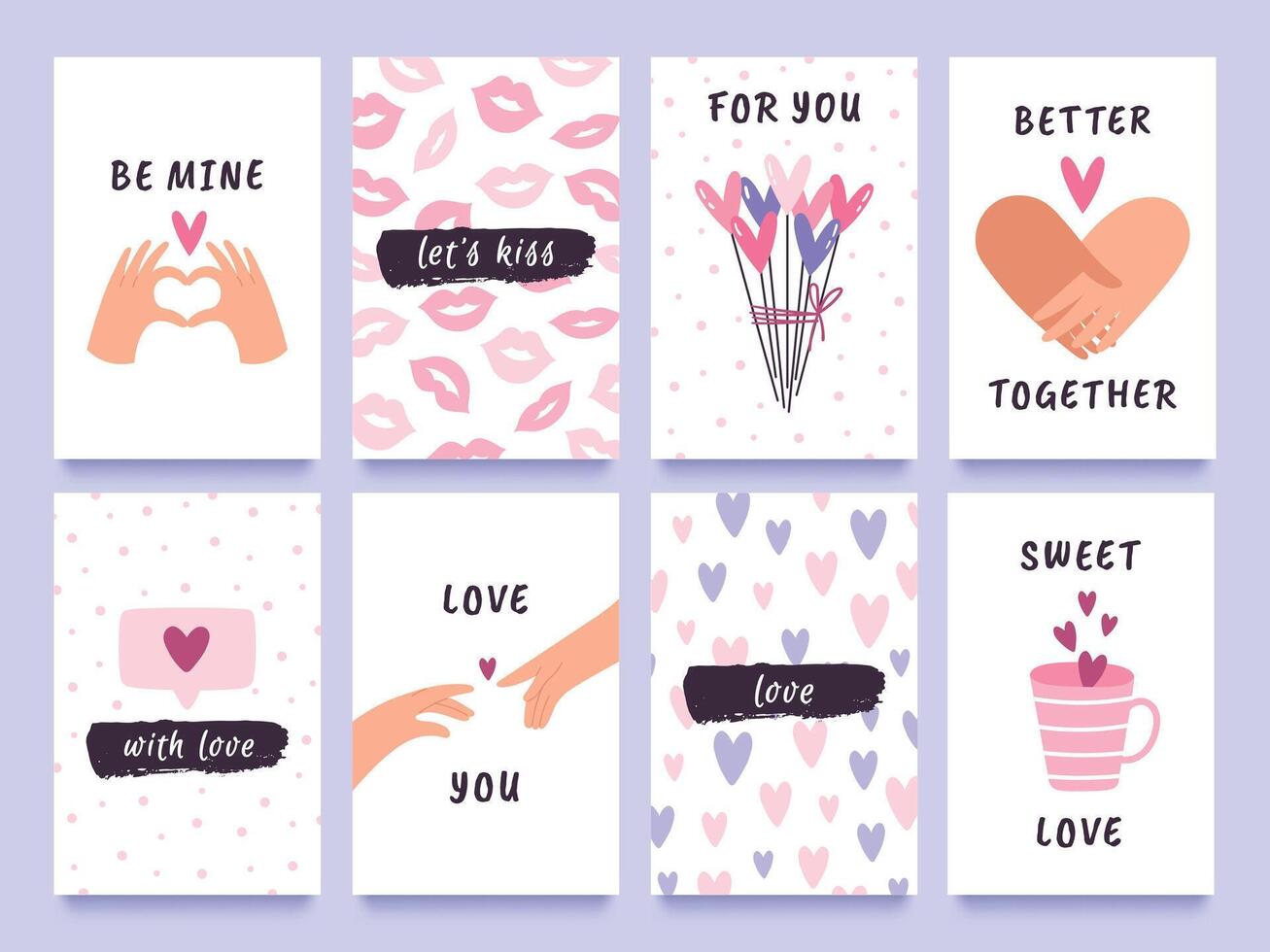 Valentines day cards and prints with hands of couple, hearts and kisses. Cute love gift tags with quotes. Happy valentine design vector set