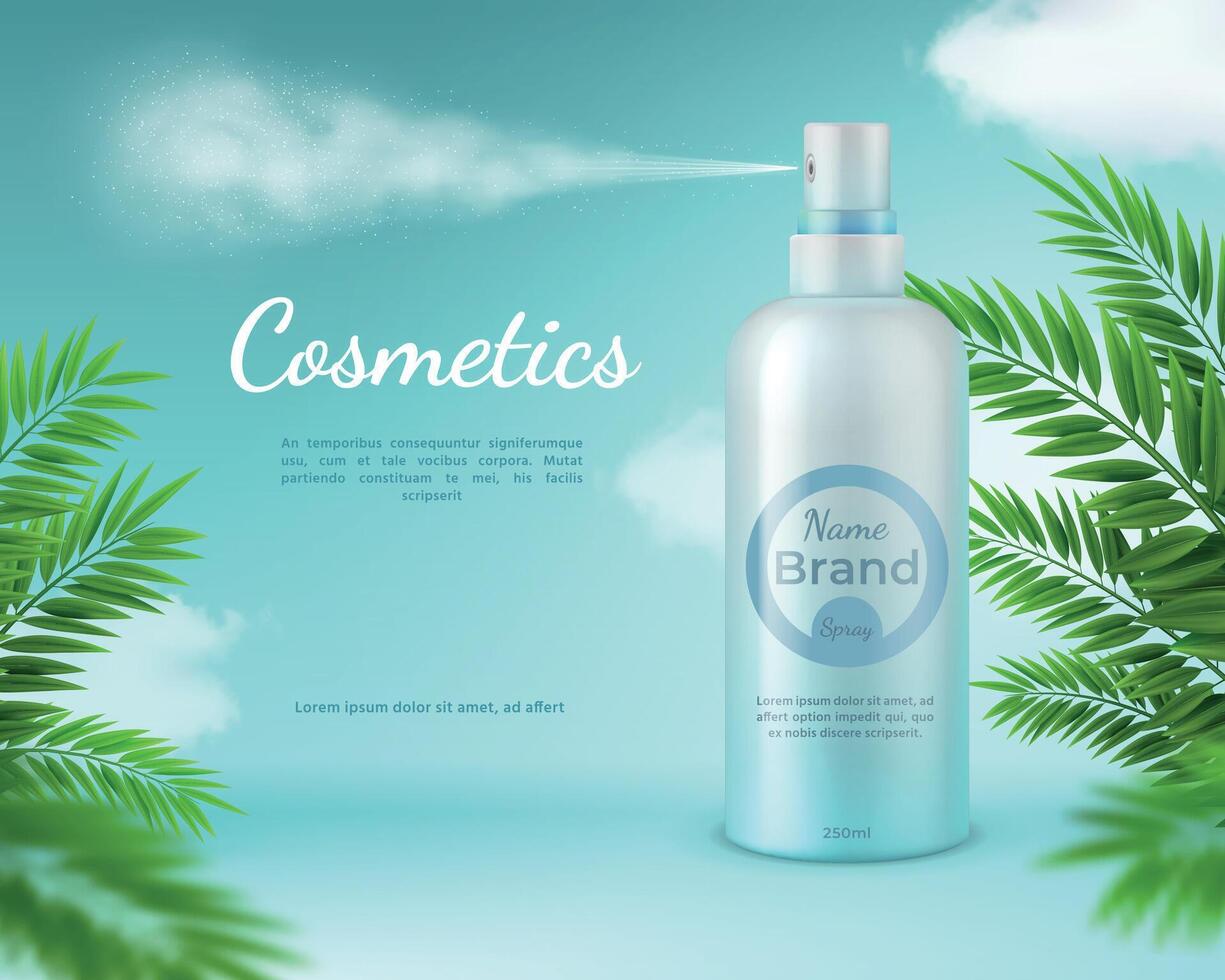 Cosmetic spray banner. Natural skincare product poster with tropical palm leaves and sky clouds. Realistic 3d sprayer bottle vector template