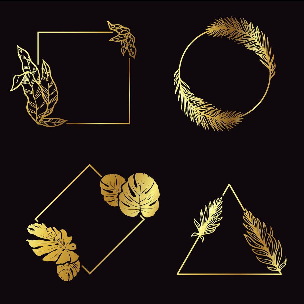 Golden leafs frames. Shiny borders of different geometric shape with plant leaves and feathers. Triangle, square, rhombus vector