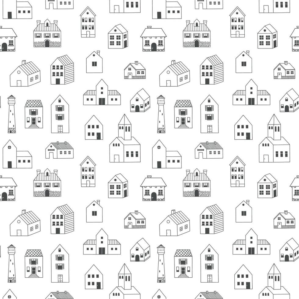 Doodle houses pattern. Seamless print of cute scandinavian minimalistic cottage, rural farm building. Vector hand drawn texture