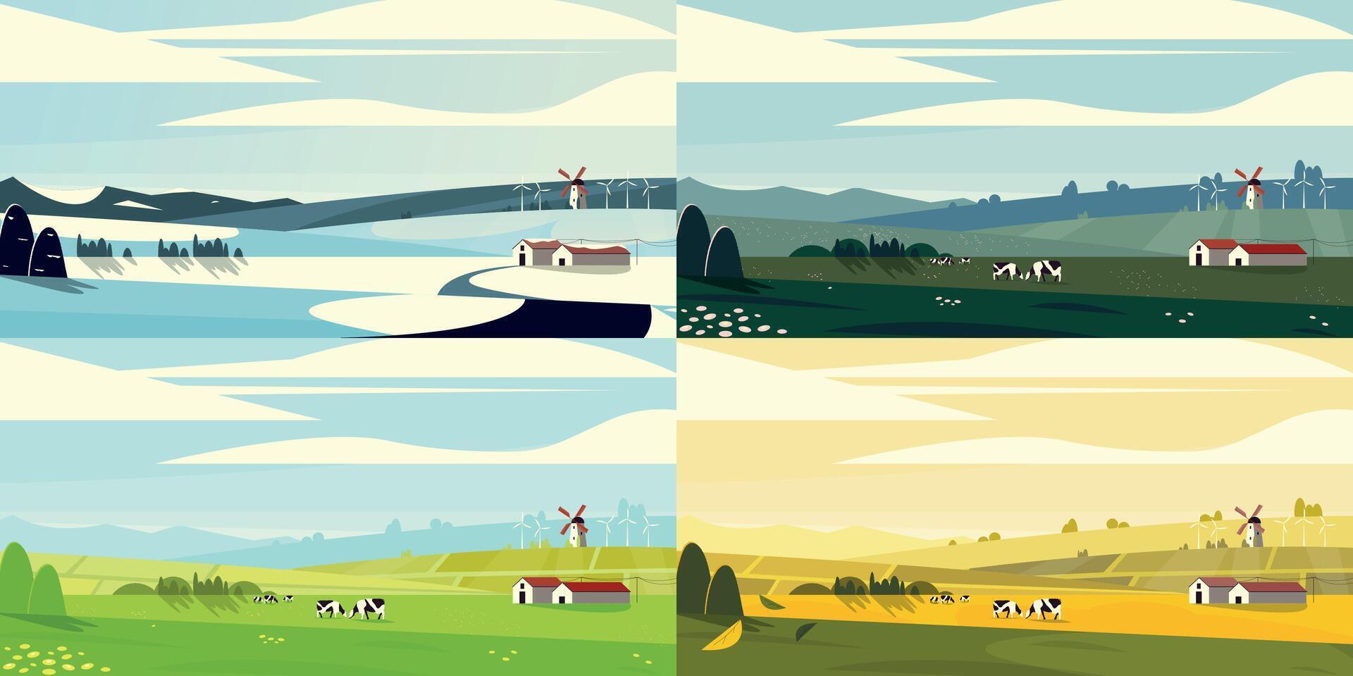 estacional paisaje. verano primavera otoño invierno parque con árboles, flores y césped, dibujos animados antecedentes con Dom y cielo. vector ilustración