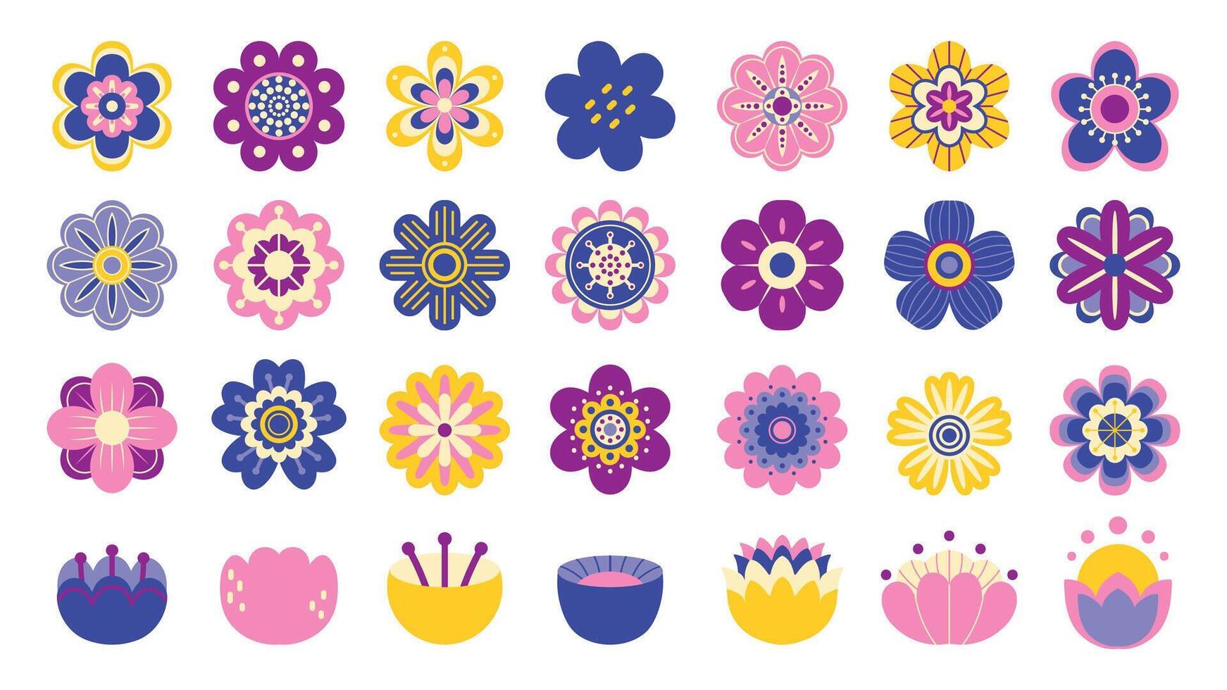 Clip art flowers. Cartoon cute stylized floral ornamental elements graphic template, girly kids illustration. Vector colorful daisy sticker and blossom symbols