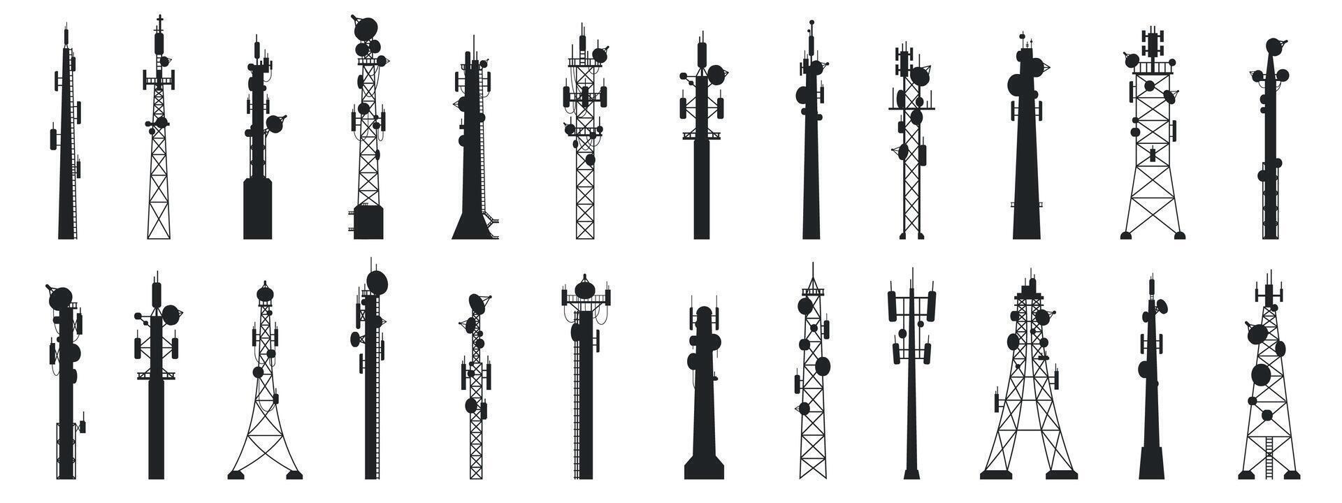 radio mástil siluetas contorno transmitir antena torres, comunicación tecnología tecnología equipo. vector conjunto