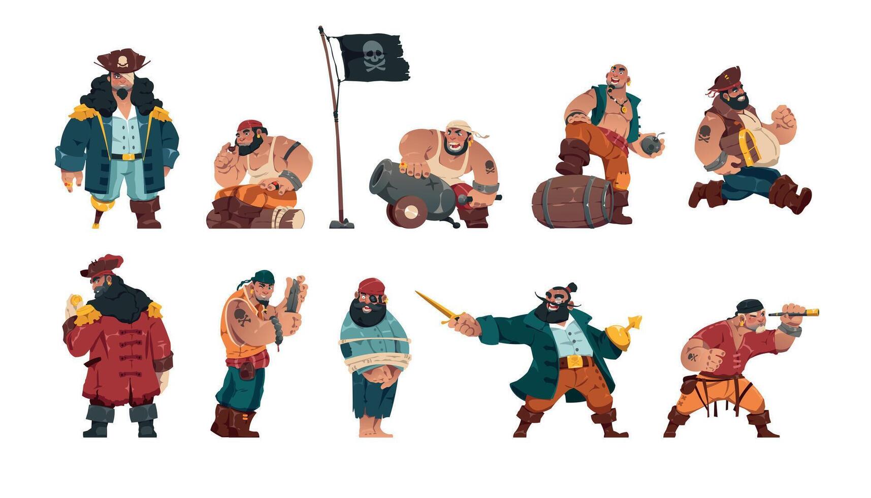 Pirate characters. Cartoon armed male bandit sailors, group fantasy marine villains with swords cannons spyglass and pirate flag. Vector isolated collection
