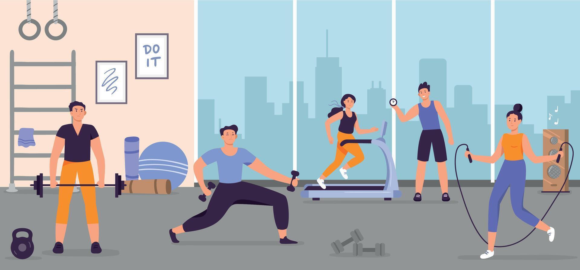 personas en gimnasia. hombre y mujer hacer ejercicio en formación aparato, haciendo diferente deporte actividades. masculino caracteres teniendo rutina de ejercicio vector