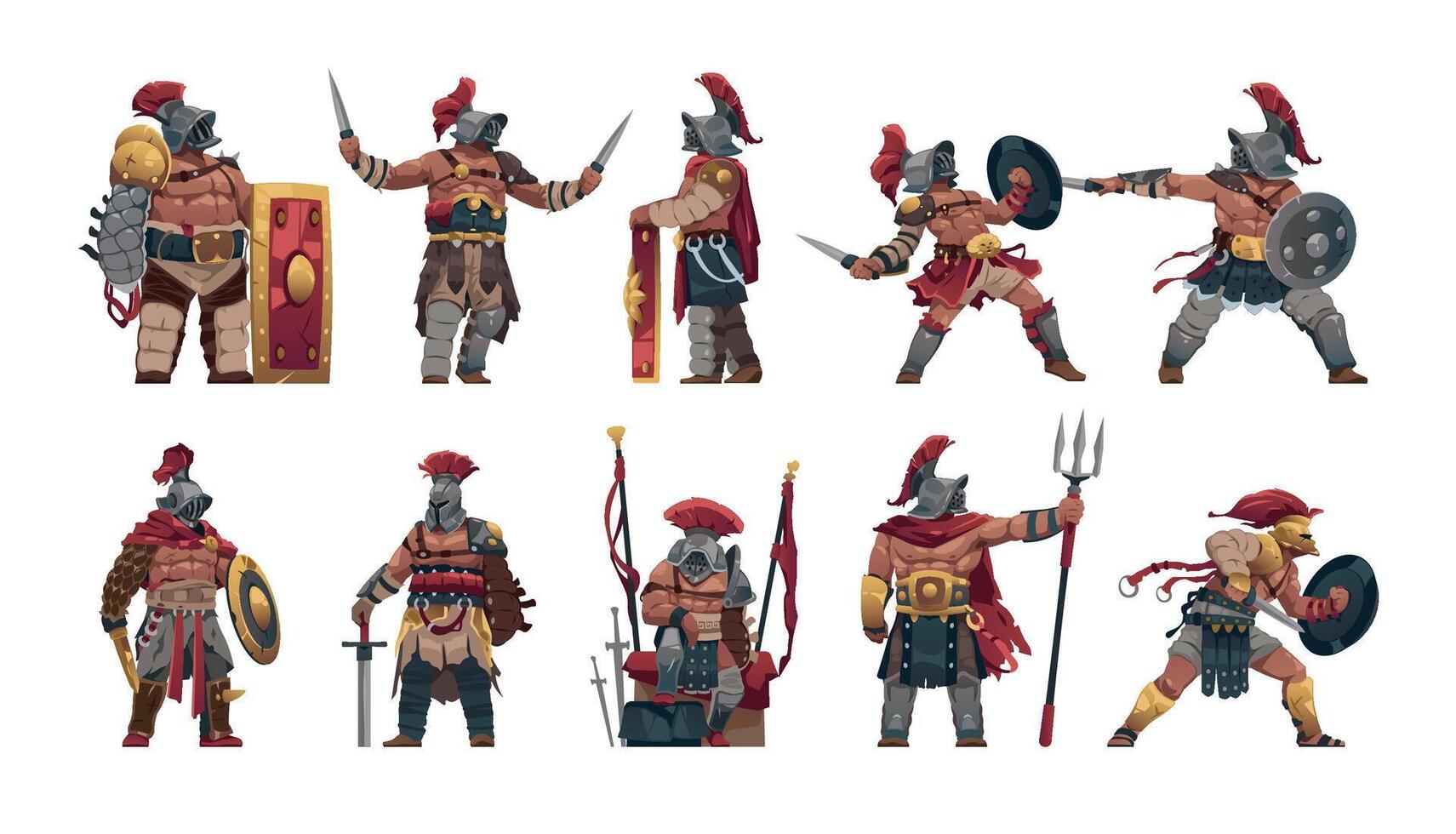 Gladiator characters. Cartoon ancient roman gladiator warrior in different fighting and standing poses, 2D game asset. Vector isolated set