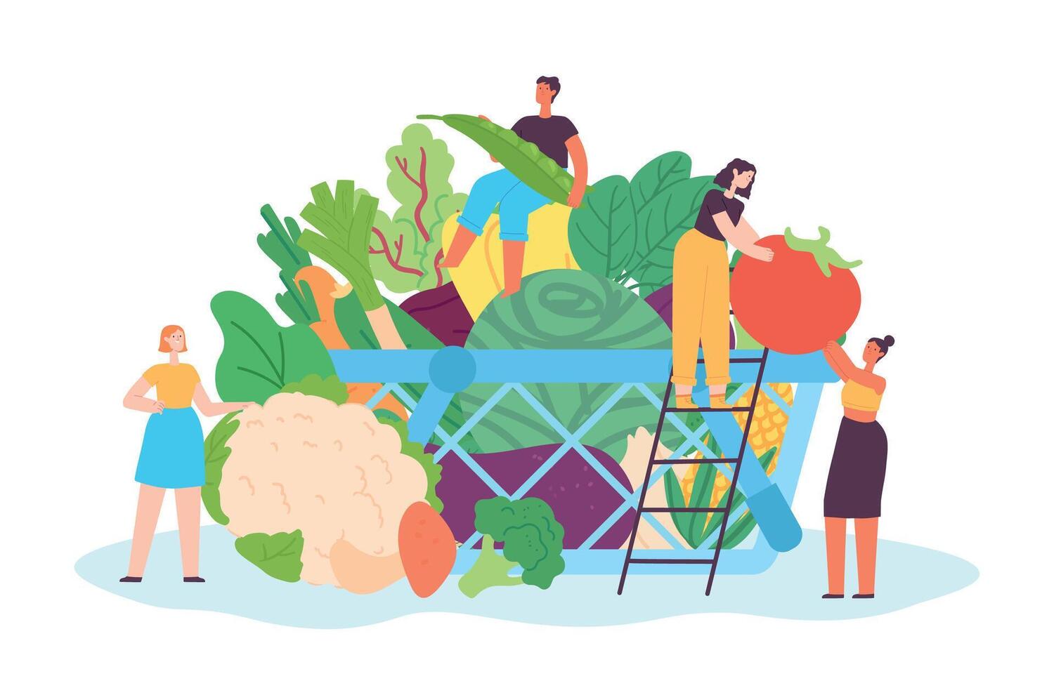 Tiny people with vegetables. Female and male characters carrying veggies to basket. Container full of fresh vector