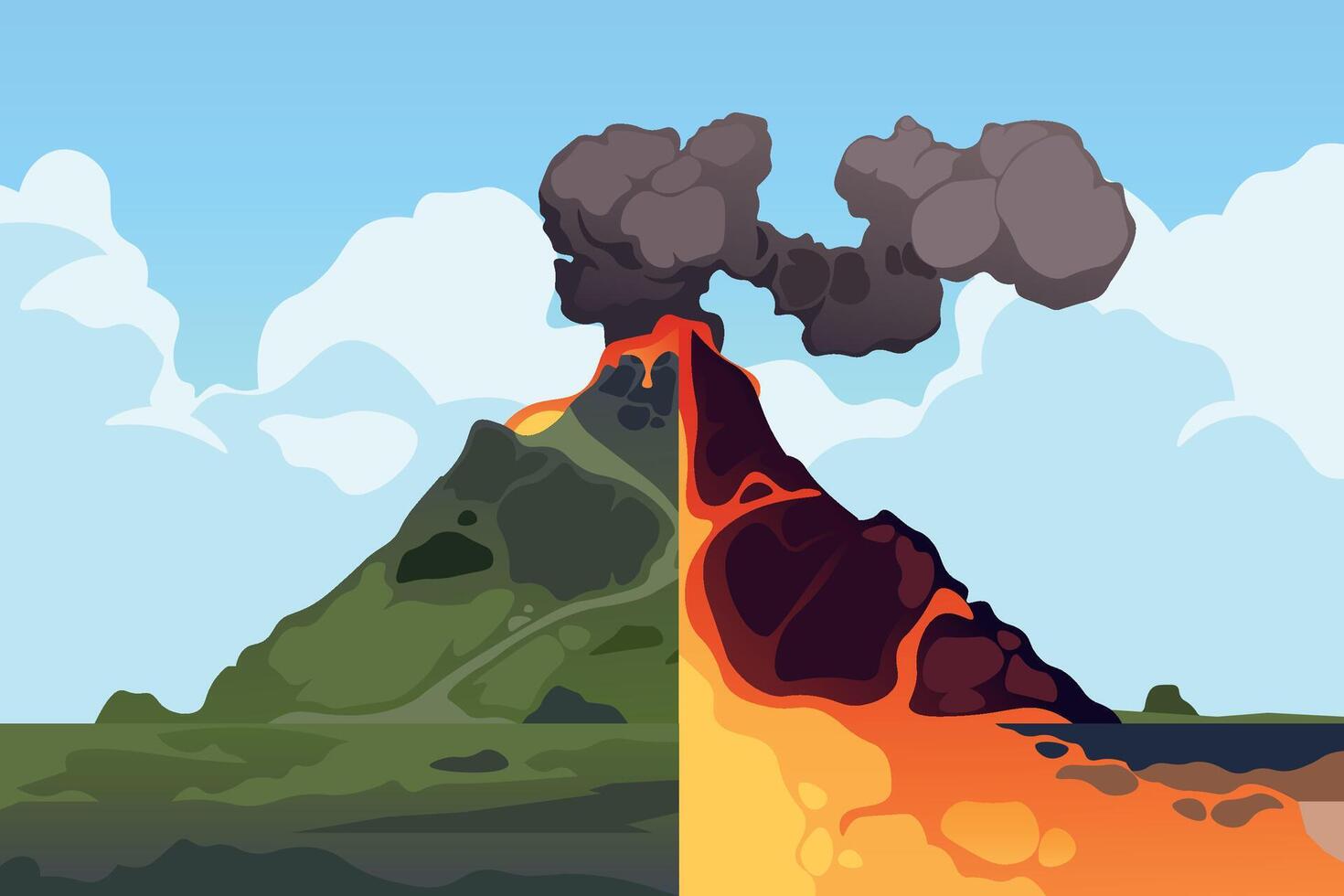 Volcano cross section. Volcanic mountain eruption cross-section scheme, earth crust structure with magma chamber, gases and crater lava ash. Vector infographic
