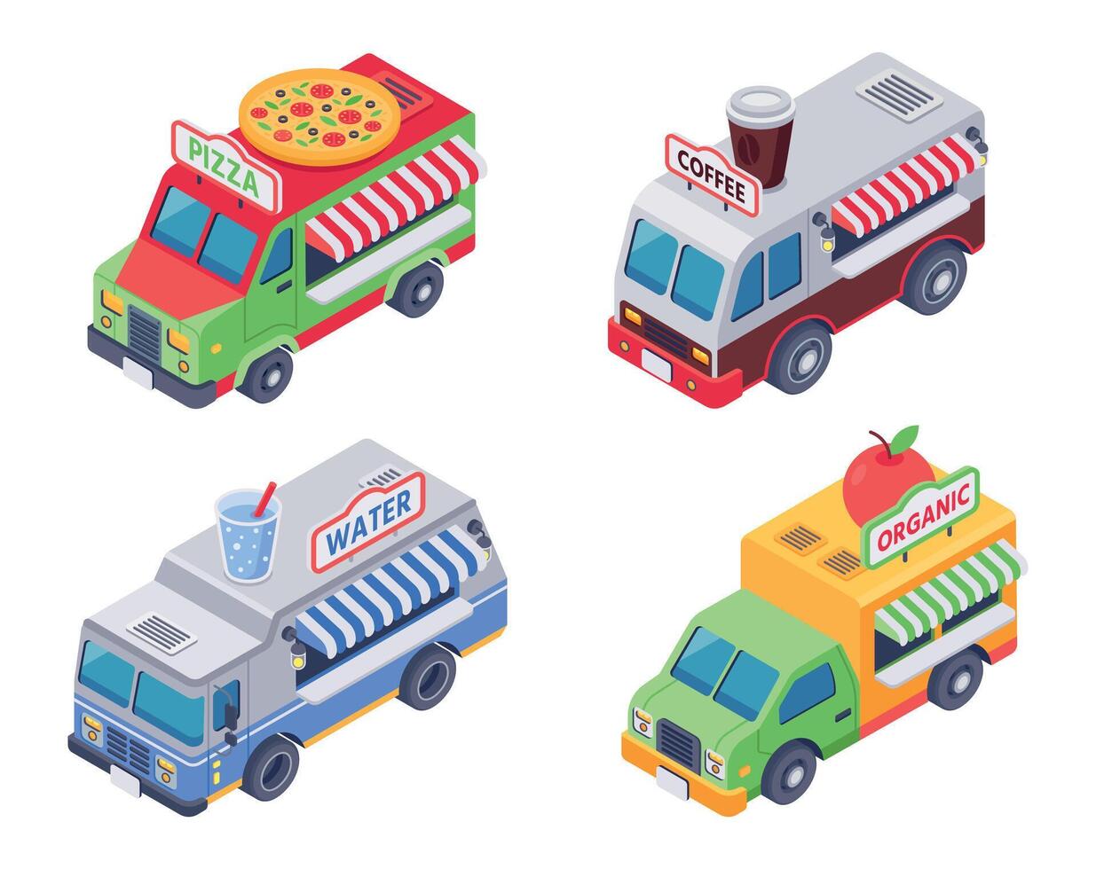 Isometric food trucks selling pizza, hot coffee, water and organic vegetables and fruit. Snacks and drinks vector