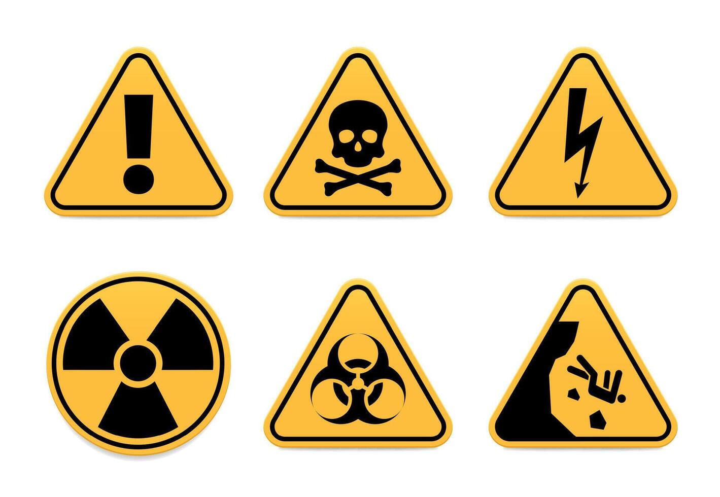 Attention, poison, high voltage, radiation, biohazard and falling warning signs vector