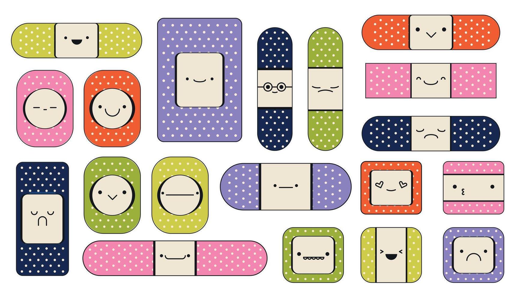 Medical plaster character. Cute cartoon kids bandage and tape with faces and emotions for first aid and emergency, doctor care concept. Vector flat set