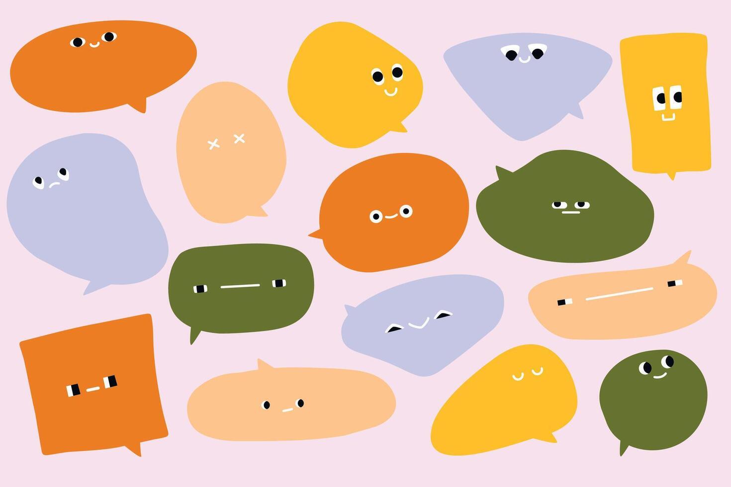 Chat bubble with faces. Doodle comic icons, speech balloon shapes different emotions, modern flat stickers. Vector isolated set